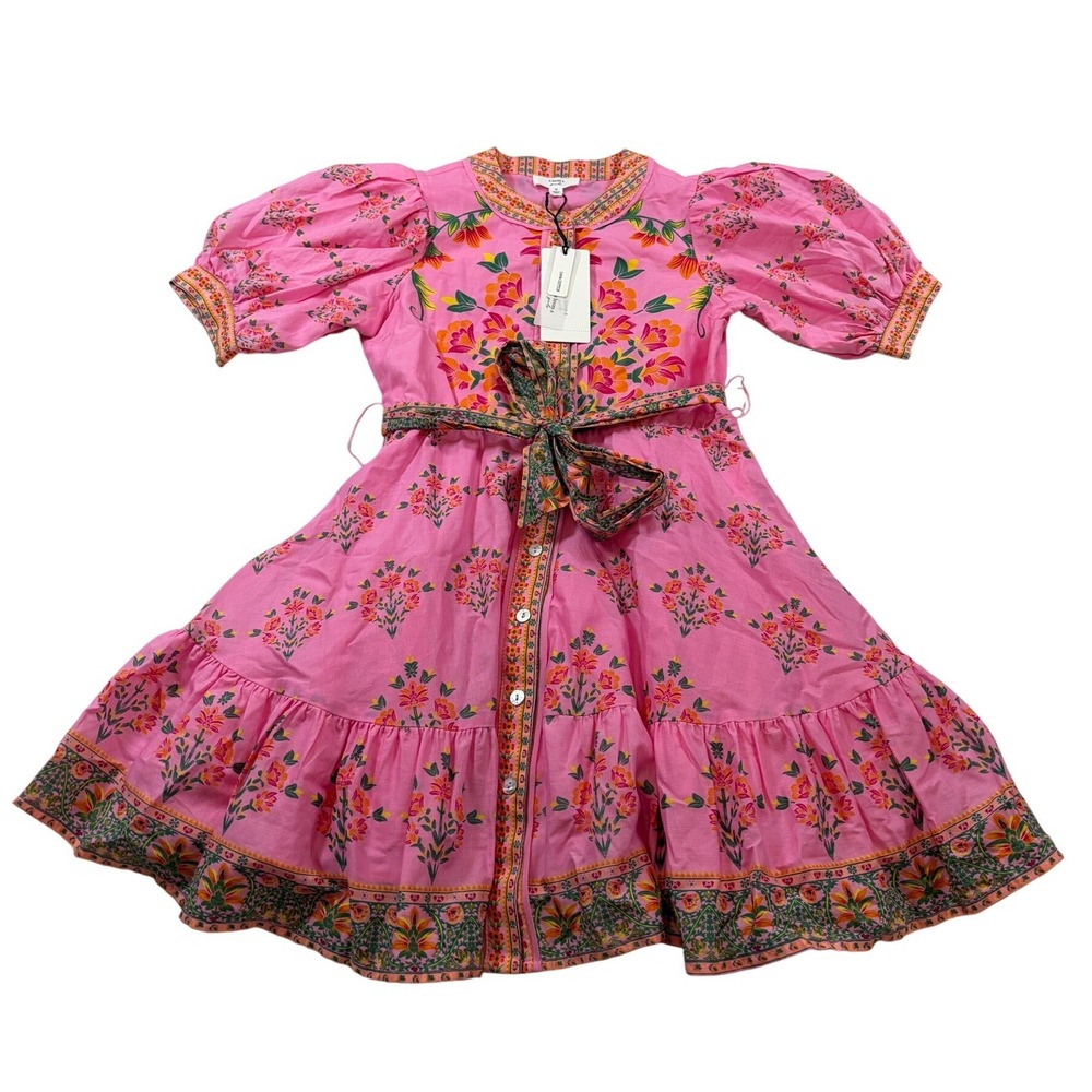 A Loves A Girls Pink Sage Floral Cotton Tiered Puff Sleeve Dress Size M NEW